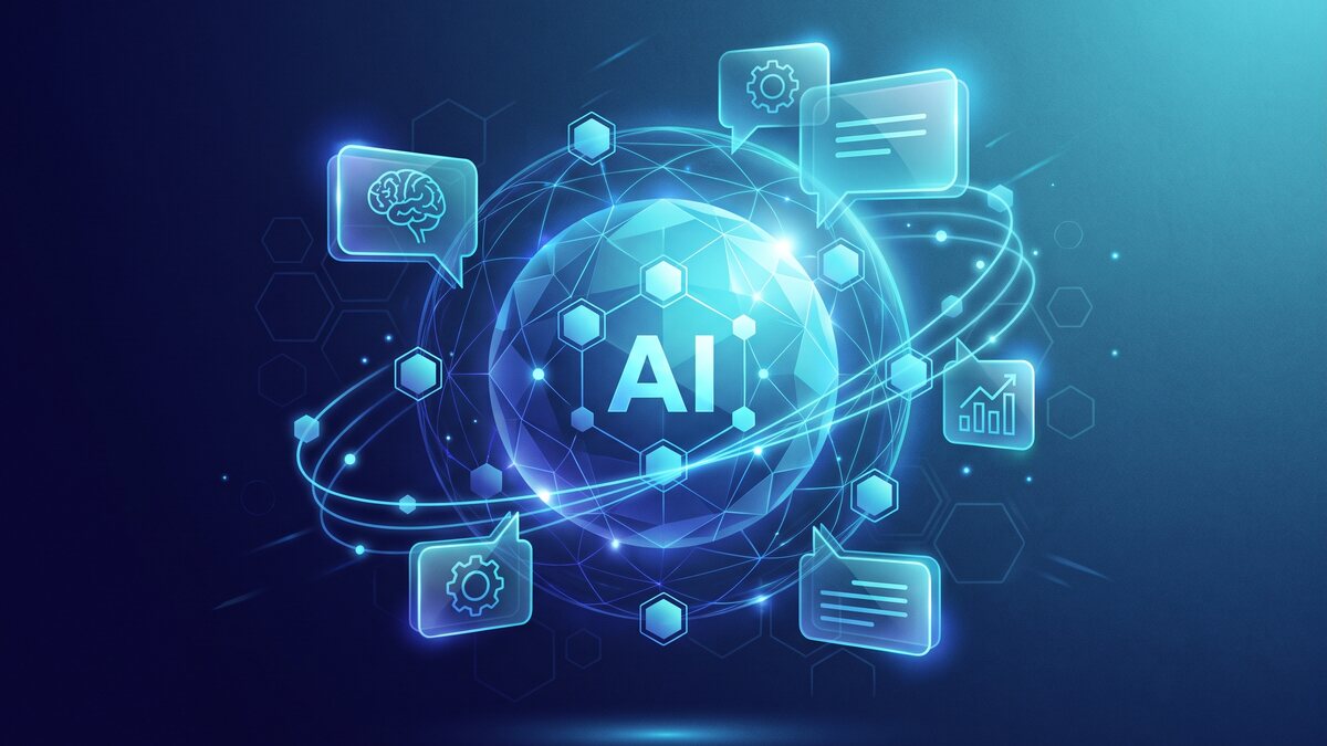 Abstract illustration of an AI chat assistant for business in navy and cyan