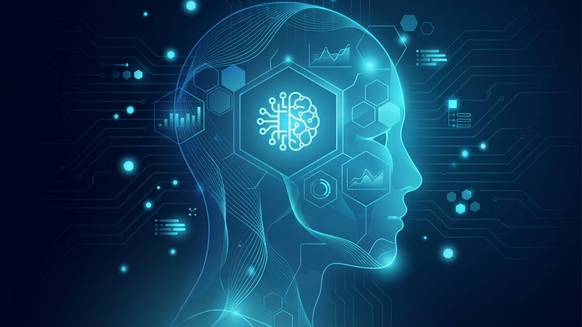 AI чатбот за бизнес уебсайт с автоматизирани разговори в тъмносиньо и циан