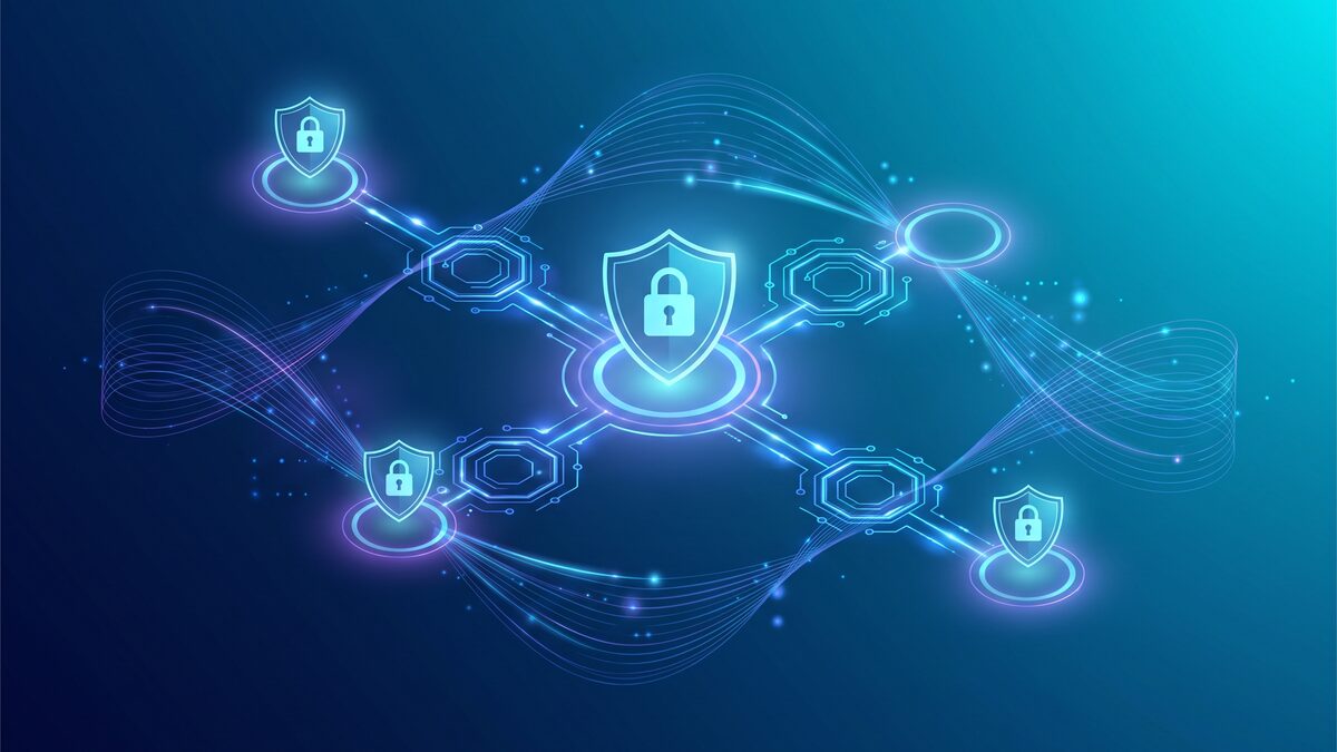 Abstract illustration of personal data protection and cookies in deep navy and cyan