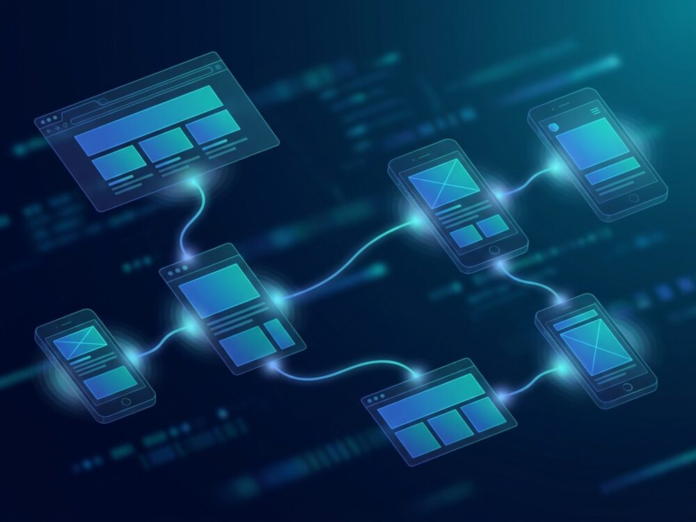 Илюстрация на изграждане на уеб сайт стъпка по стъпка с wireframe панели и светещи връзки Илюстрация на изграждане на уеб сайт стъпка по стъпка с wireframe панели и светещи връзки