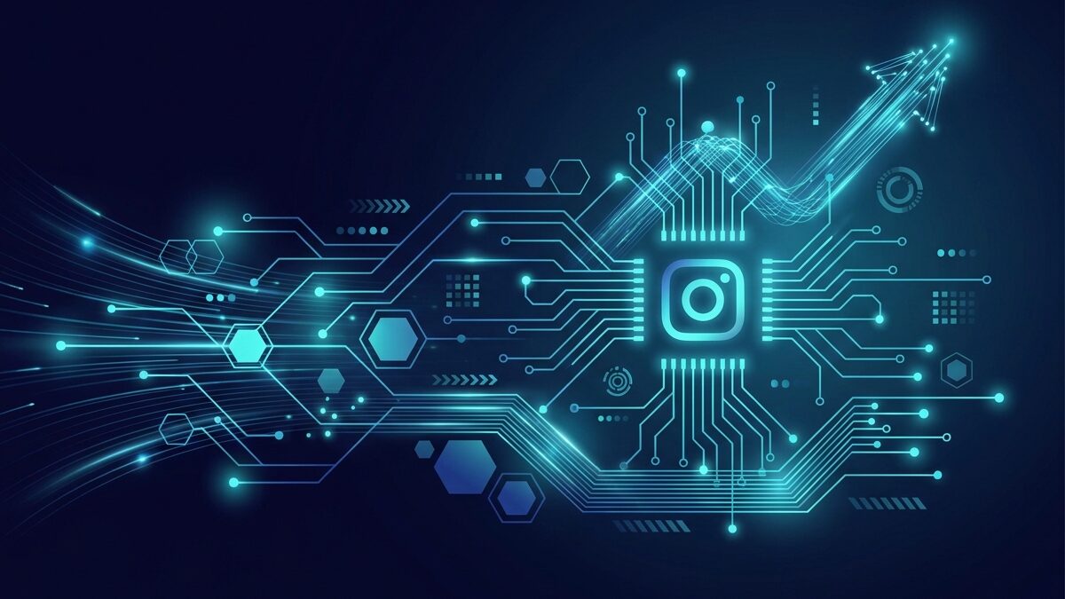 Instagram реклама за бизнес растеж с ангажирана социална мрежа в тъмносиньо и циан