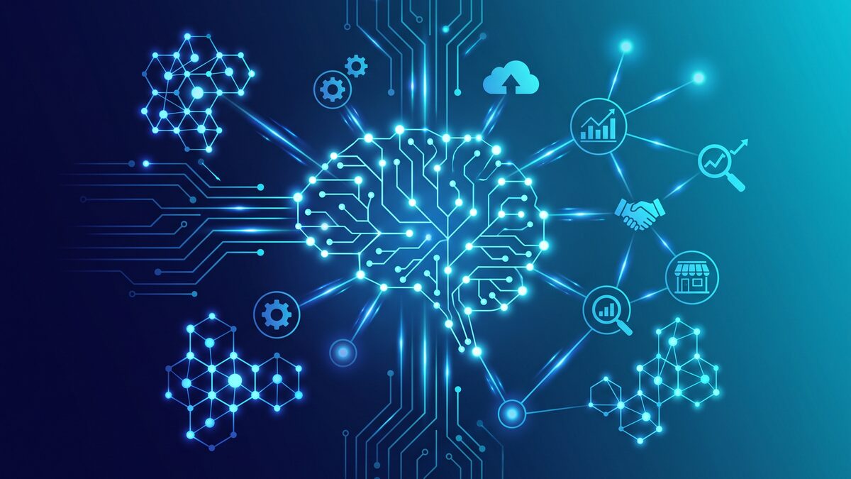 Abstract illustration of artificial intelligence in business in deep navy and cyan