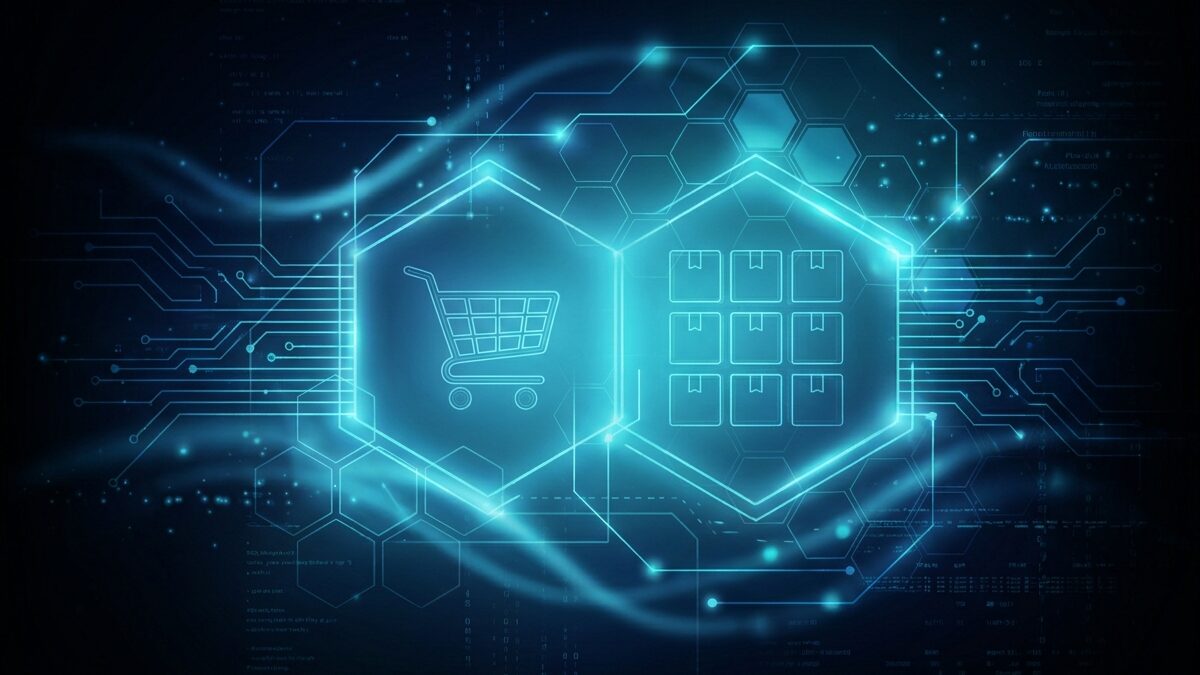 Abstract illustration of building an online store in deep navy and cyan