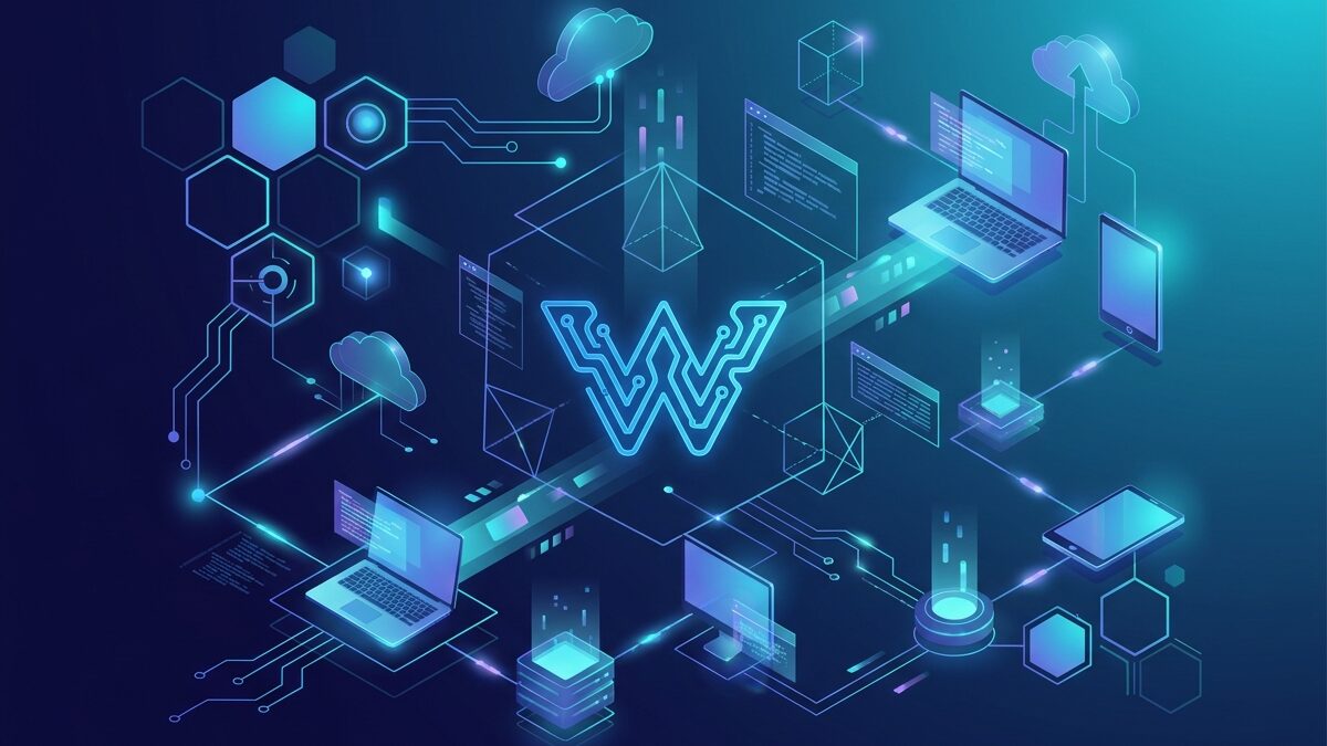 Abstract illustration of WordPress website development in dark blue and cyan