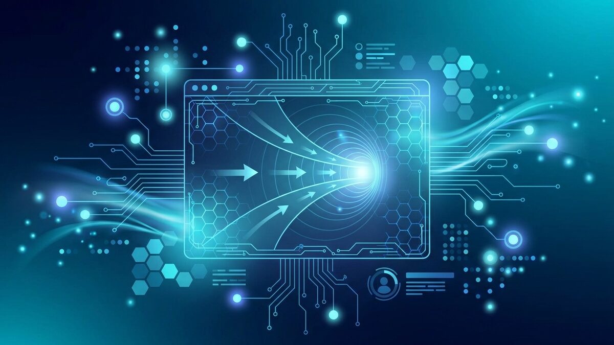 Abstract illustration of a landing page and conversion in deep navy and cyan