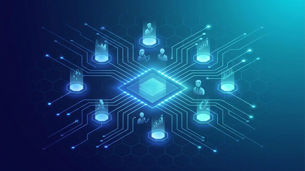 LinkedIn реклама за B2B бизнес с професионална мрежа от връзки в тъмносиньо и циан