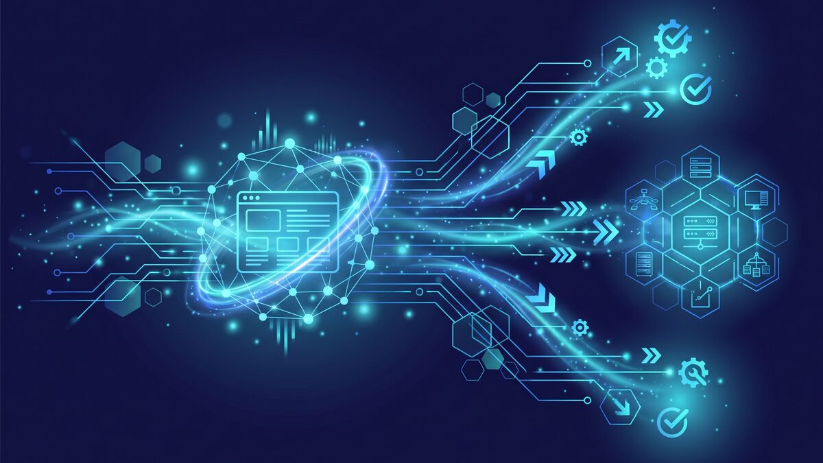 Meta Pixel и Conversions API, изпращащи сигнали за конверсии от сайт към рекламна платформа в тъмносиньо и циан