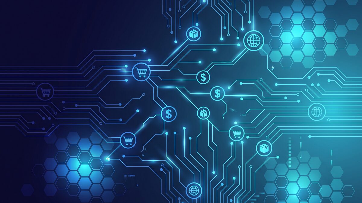 Abstract illustration of online marketplace selling in deep navy and cyan
