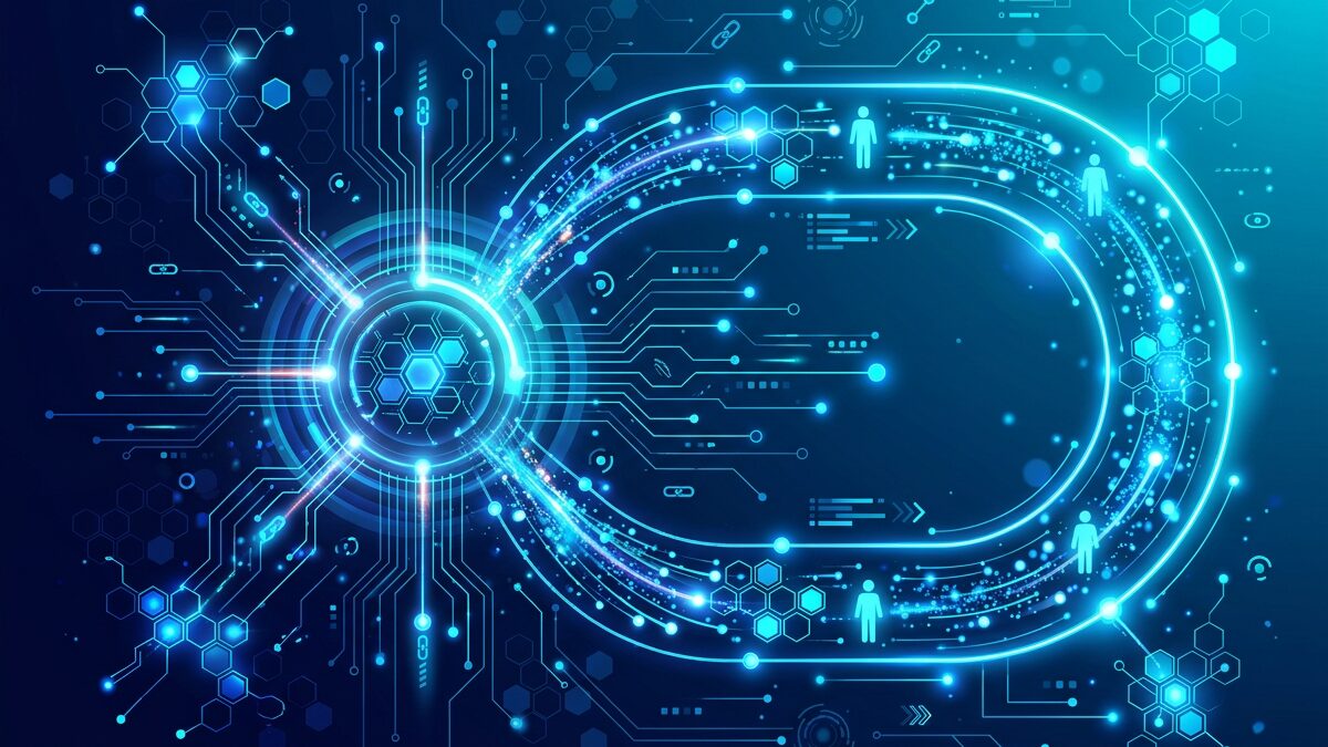 Ремаркетинг реклама, връщаща клиенти през фуния от повторни контакти в тъмносиньо и циан