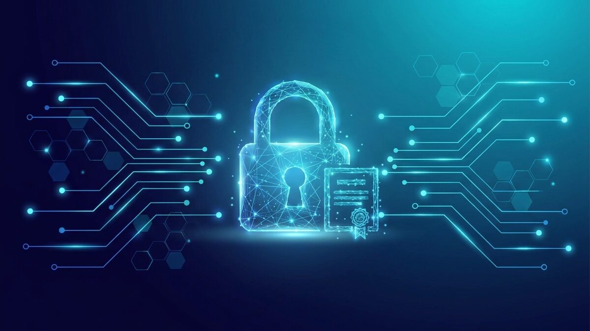 SSL сертификат и защита на данни на уебсайт с катинар в тъмносиньо и циан