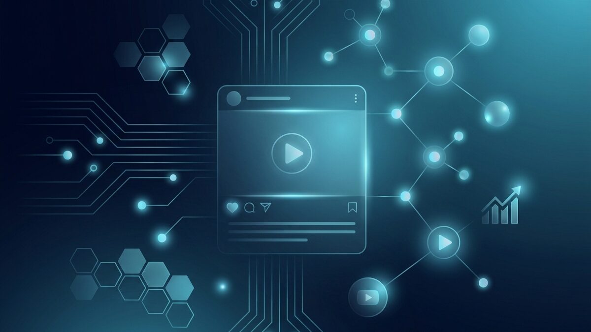 Abstract illustration of paid social media advertising in deep navy and cyan