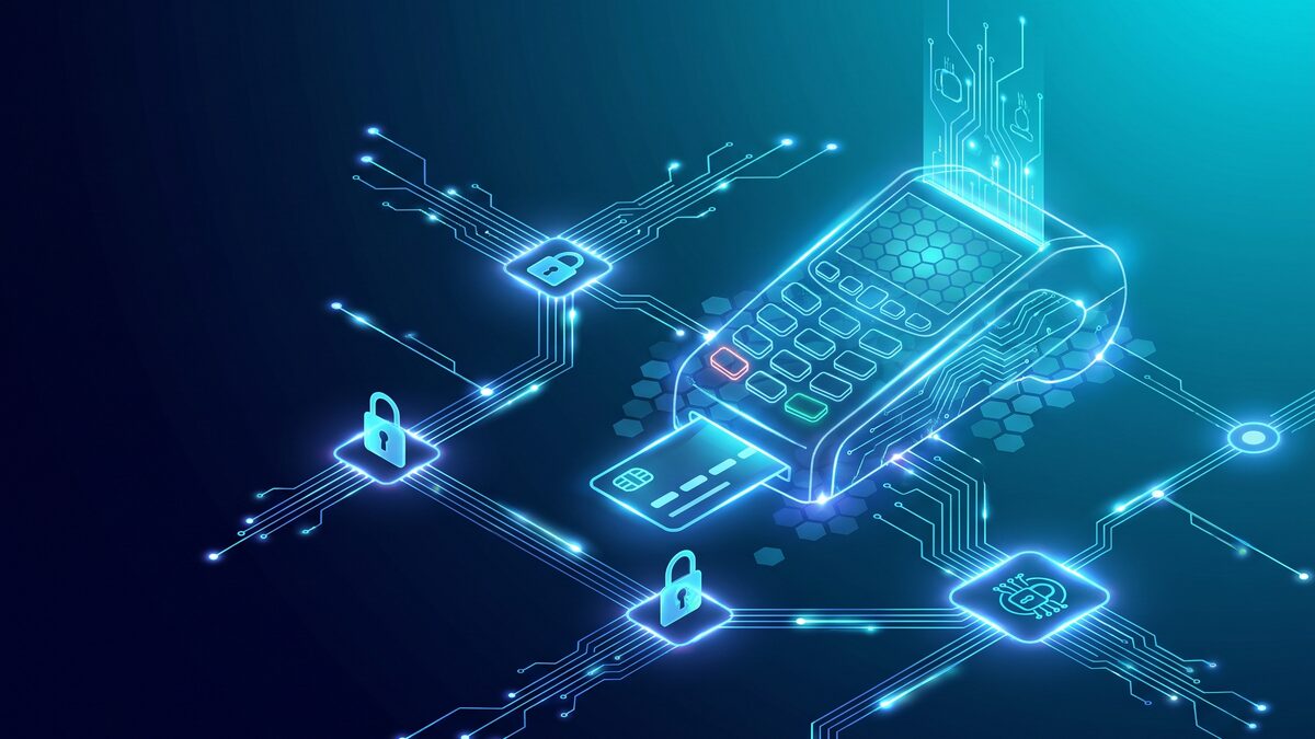 Abstract illustration of a virtual POS terminal and online payments in deep navy and cyan