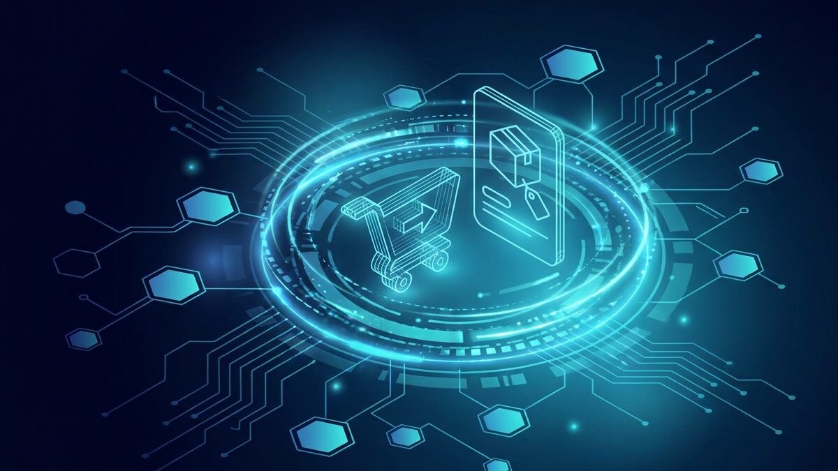 Abstract illustration of a WooCommerce online store in deep navy and cyan